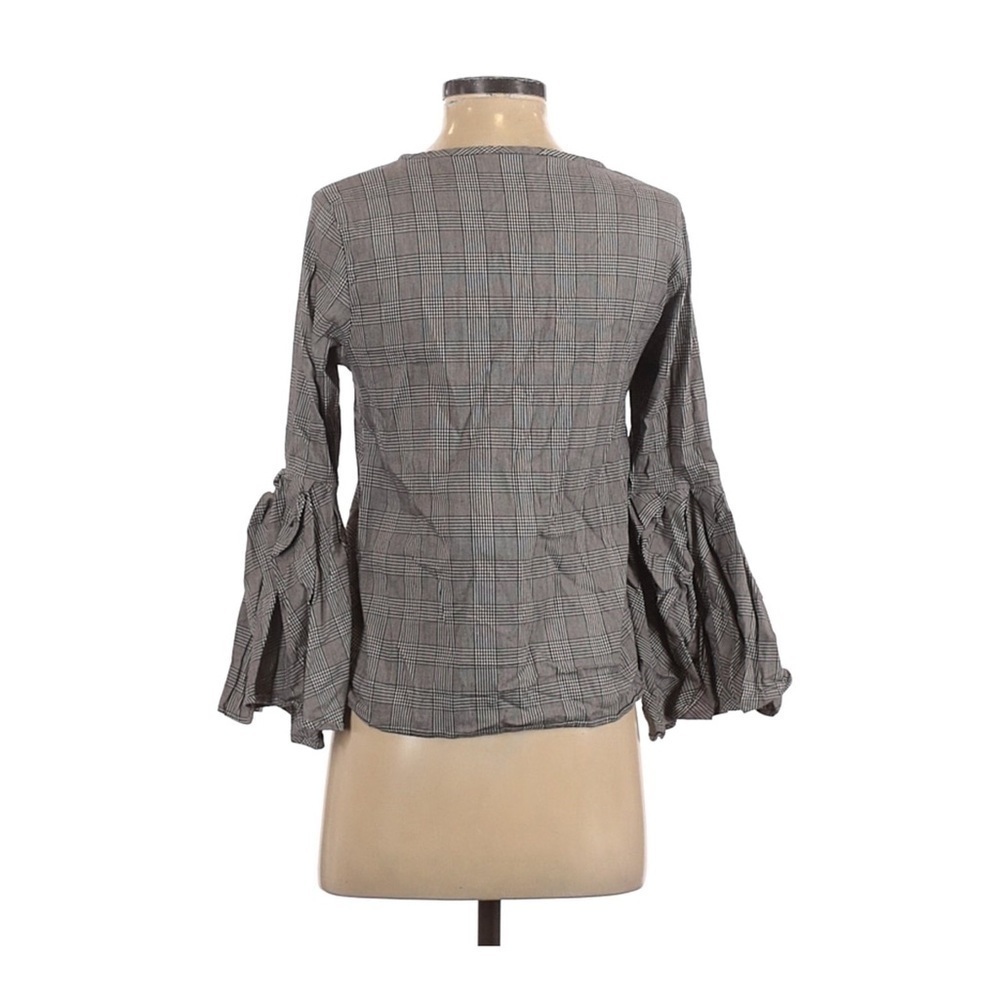Zara Plaid Black and White Bell Sleeve Blouse - Picture 3 of 7